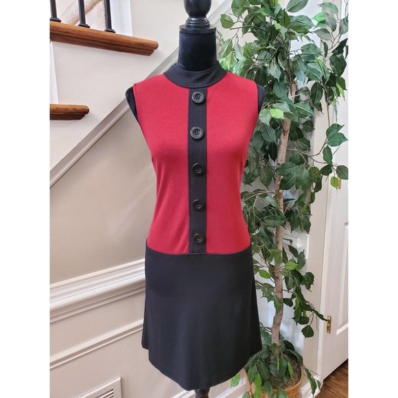 Maggy London Women's Black & Red Rayon Mock Neck Sleeveless Knee Length Dress 6 - Picture 1 of 9